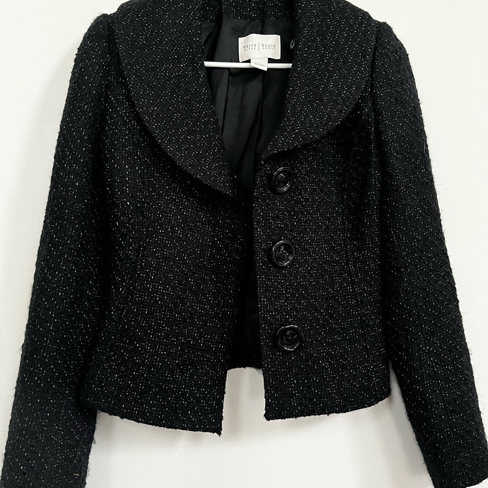 White House Black Market Black Sparkle Cropped Tweed Blazer